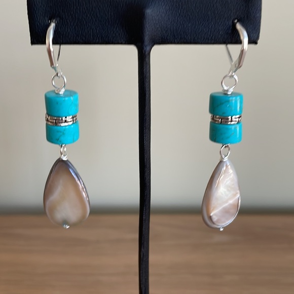 HAND CRAFTED EARRINGS Turquoise Rondelles “Greige” Mother of Pearl Teardrops - Picture 6 of 12